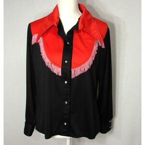 Vtg Black Red Pink Fringe Pearl Button Western Heritage Shirt Rodeo Cowgirl L